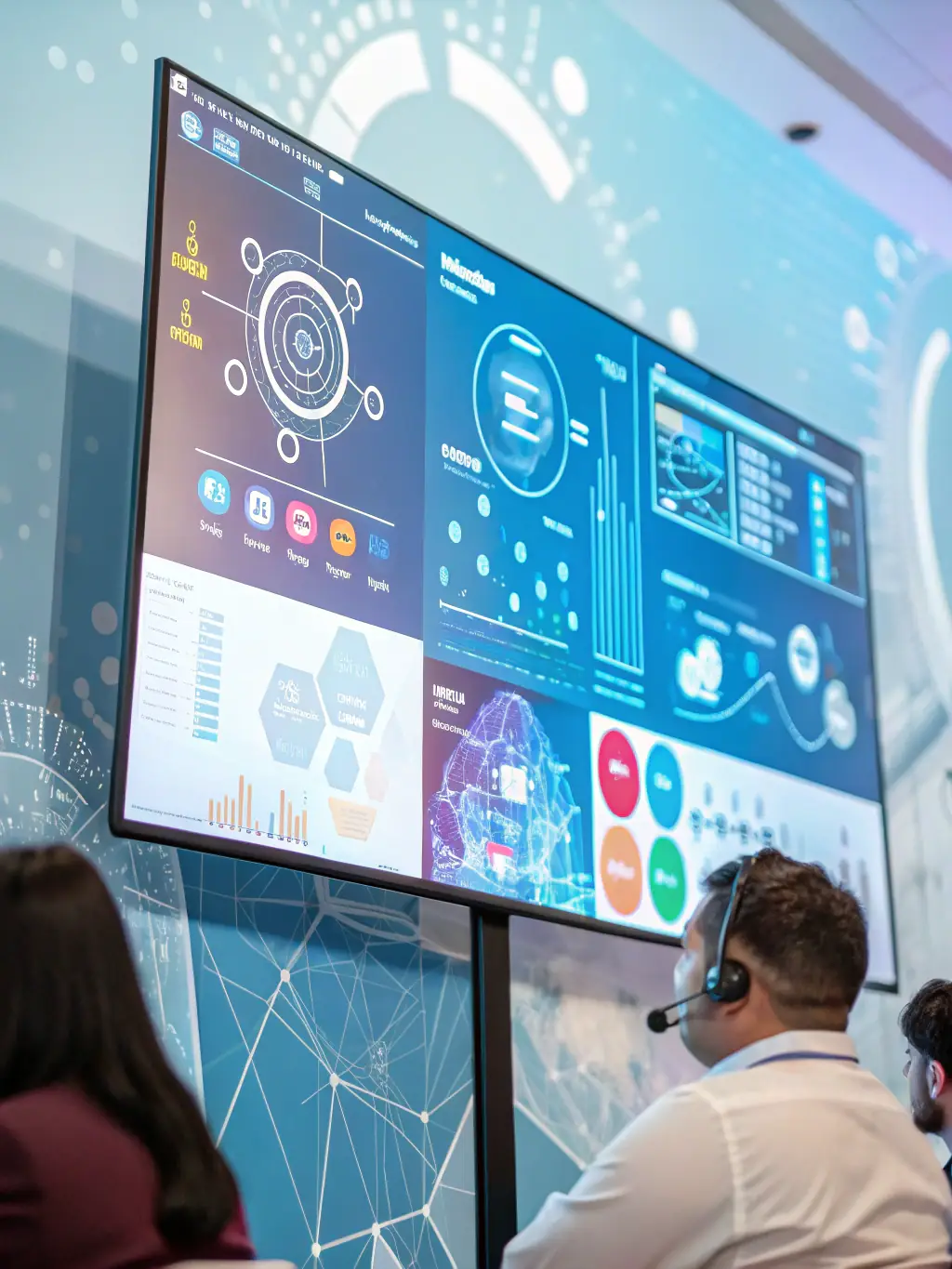 A digital illustration showing a streamlined call center interface with AI efficiently routing and managing multiple calls.
