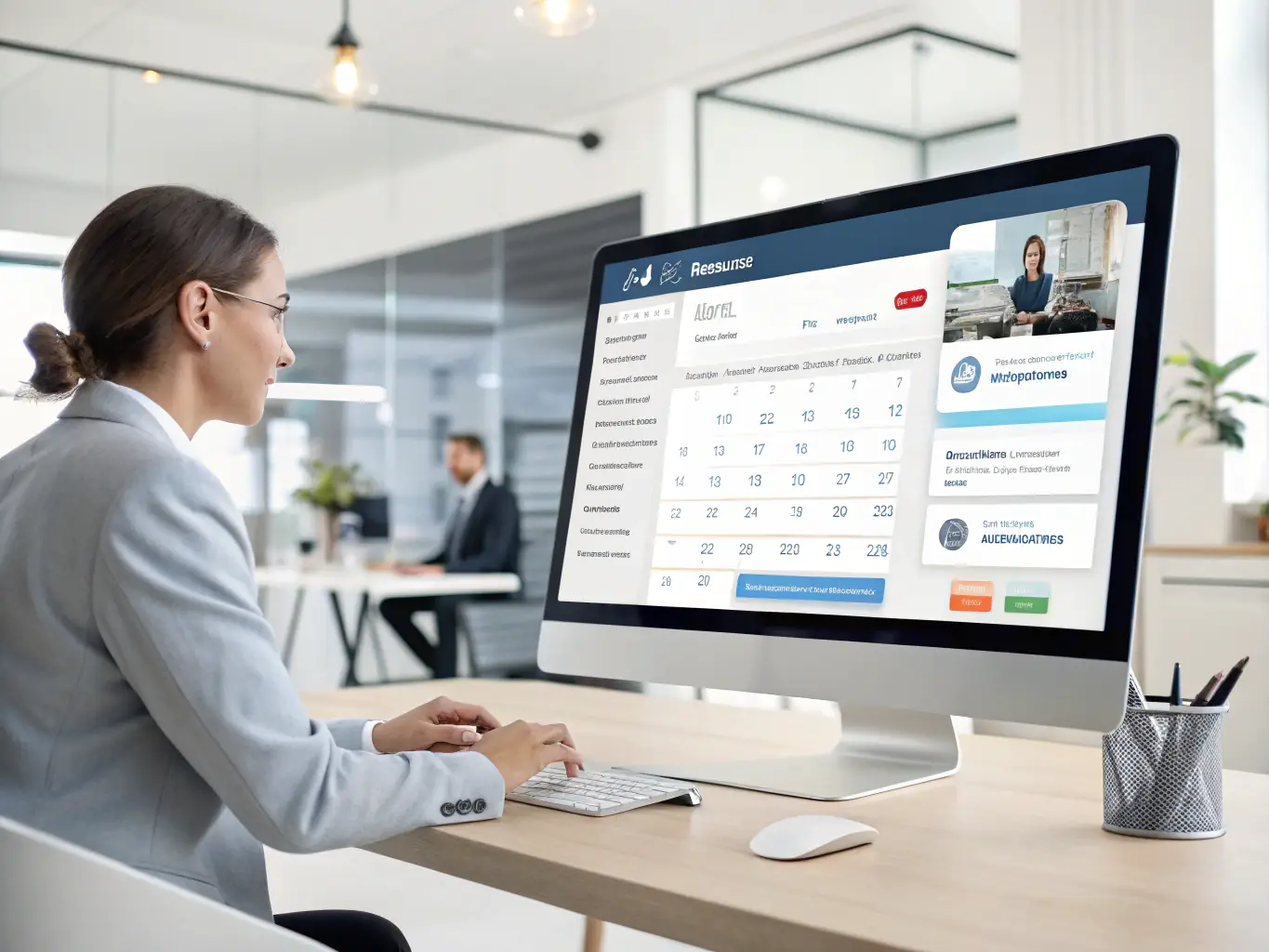 A digital illustration depicting a futuristic AI assistant managing multiple business tasks, including call handling and appointment scheduling, in a seamless and efficient manner.