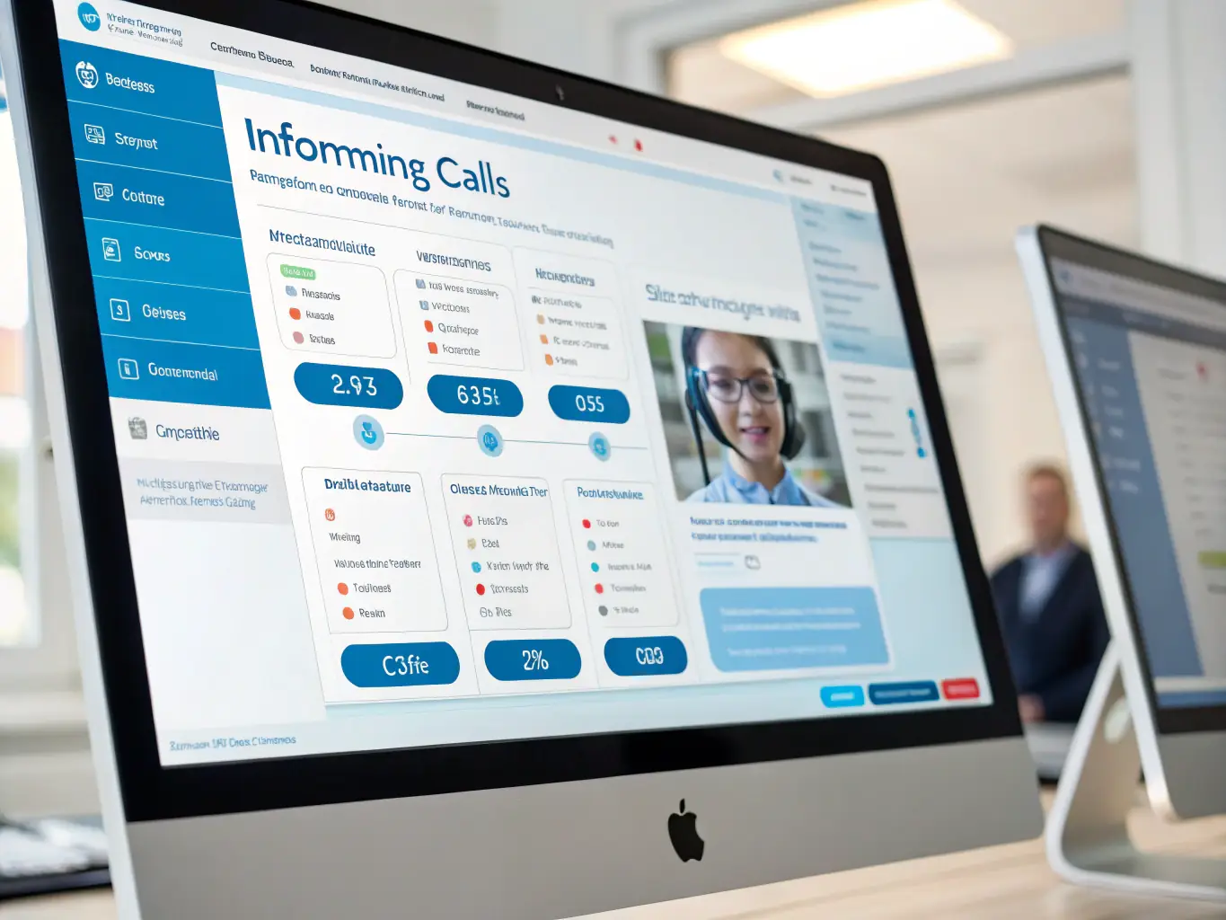 An illustration of a virtual receptionist interface with call management features displayed on a screen, showcasing AutoQueueAI's AI-Driven Call Handling solution.